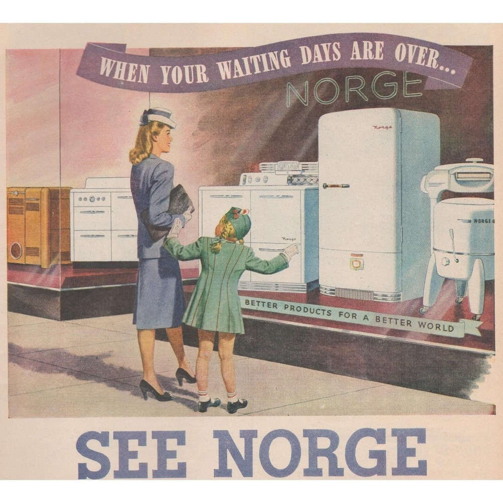 Vintage 1945 Norge Appliance‎ Print Ad Refrigerator Kitchen WW2 Era Decor
